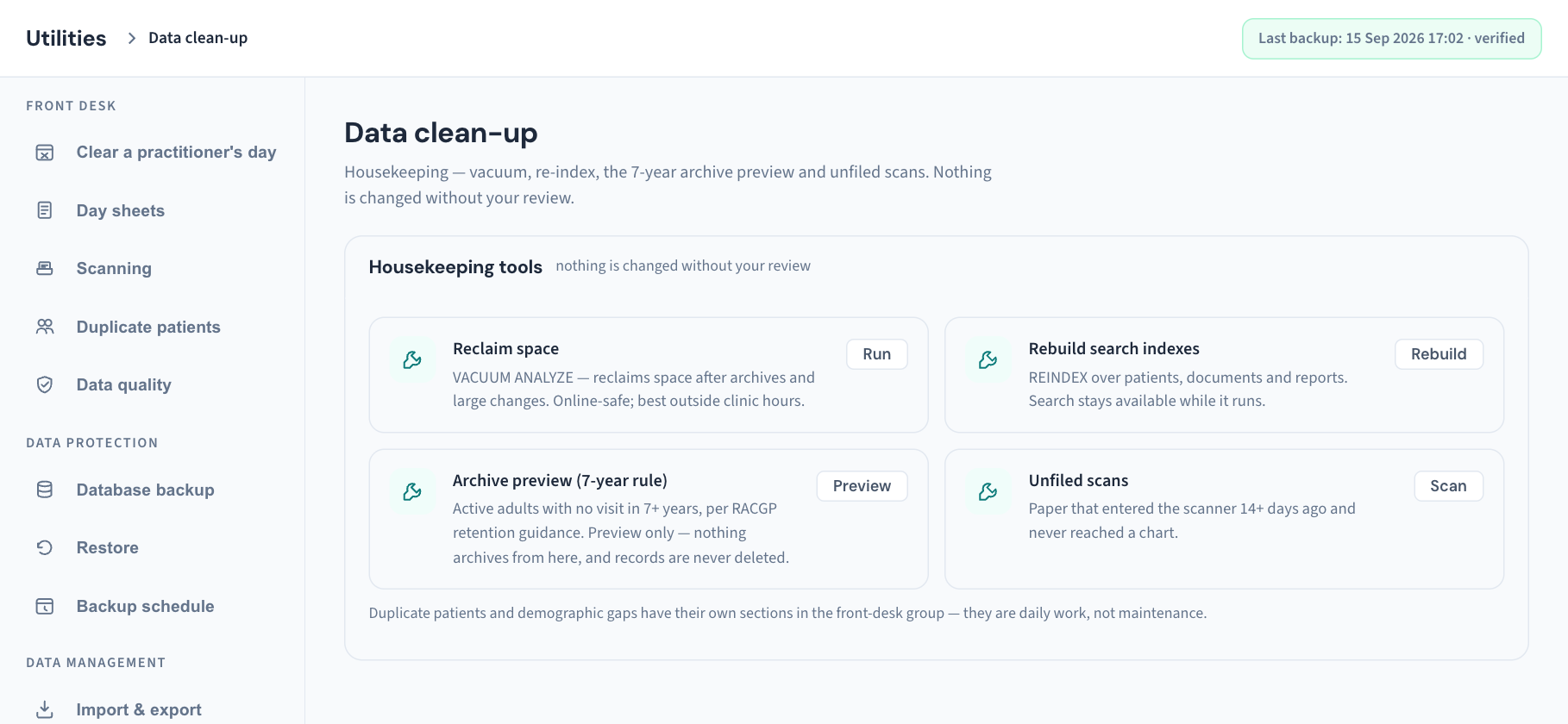 Utilities → Data clean-up: the Housekeeping tools card with its four tools and their Run, Rebuild, Preview and Scan buttons.