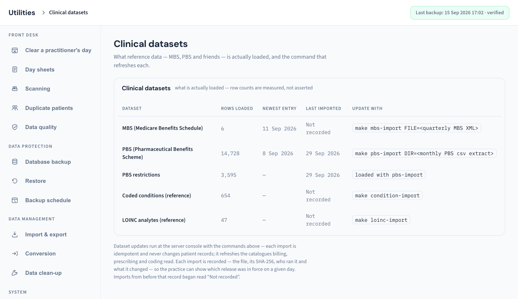 Utilities → Clinical datasets: one row per dataset with the rows loaded, the newest entry, when it was last imported and the command that updates it.