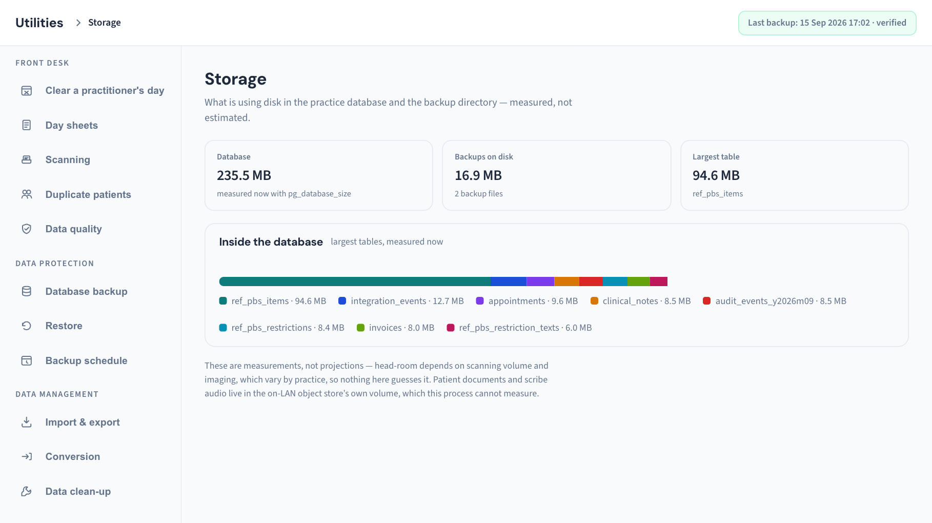 Utilities → Storage: three tiles for the database, the backups on disk and the largest table, then a coloured bar showing the largest tables in proportion.