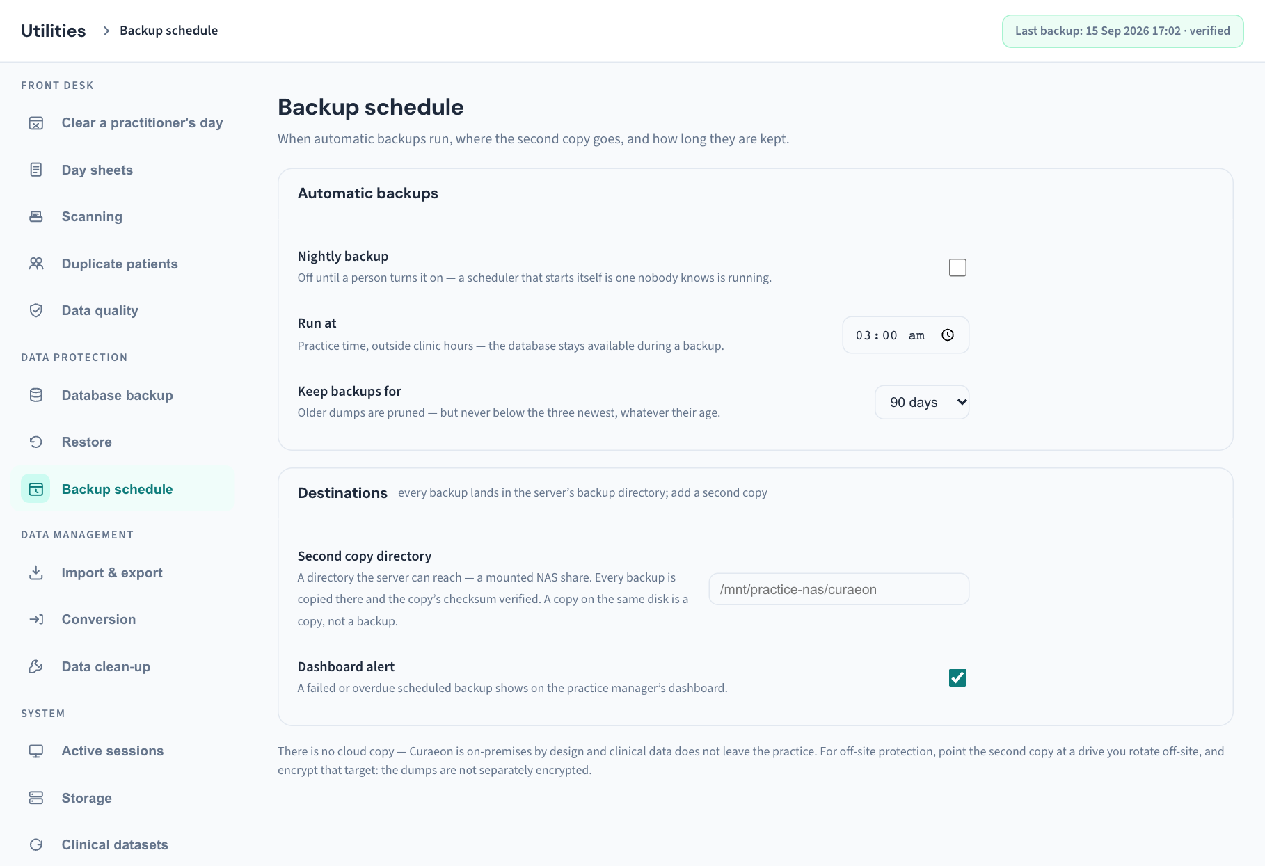 Utilities → Backup schedule: the Automatic backups card with the nightly switch, the time and the retention period, and the Destinations card with the second copy and the dashboard alert.