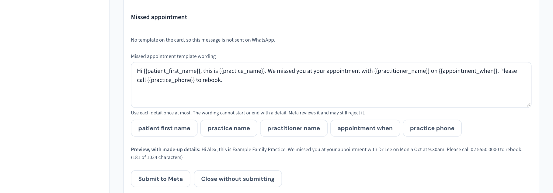 The WhatsApp template editor for the missed appointment message: the wording box with its details in double braces, a button for each detail, a preview with made-up details, and the Submit to Meta button.