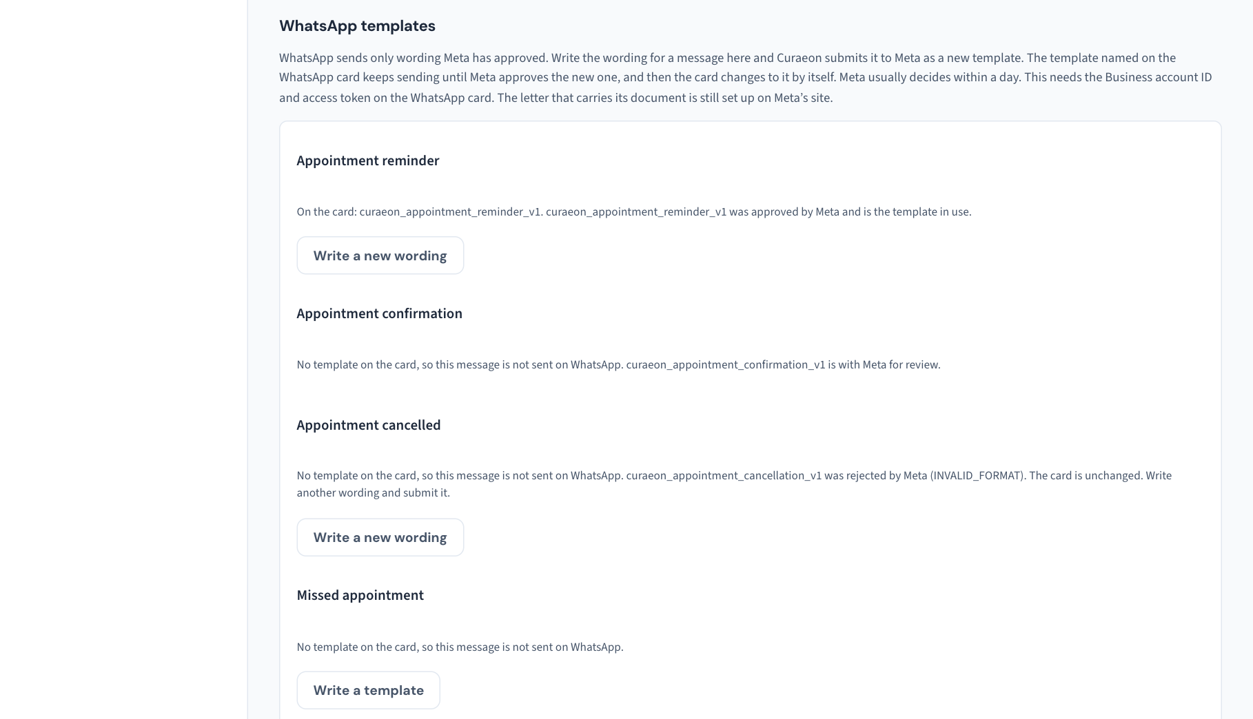 The WhatsApp templates section: one template approved and in use, one with Meta for review, one rejected with Meta's reason, and a message with no template yet.